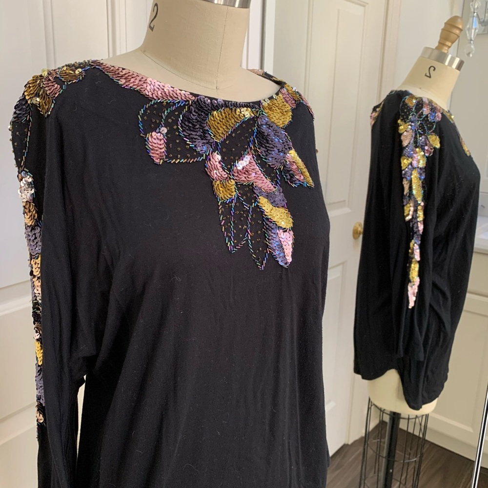 Jane Ashley black multi color sequin top shirt